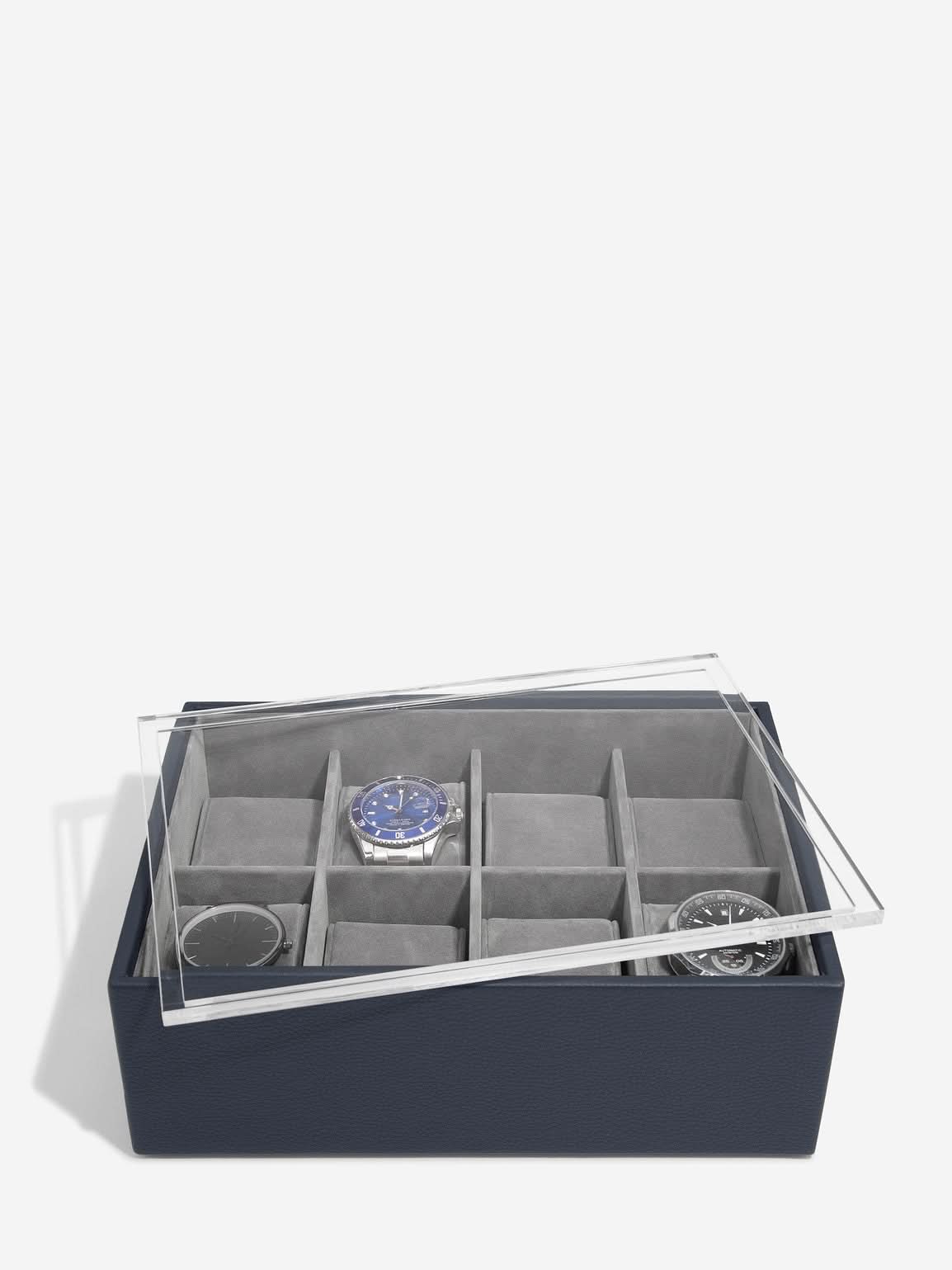 Stackers Achtdelige Horlogebox met doorzichtig deksel Marineblauw - Mystackers