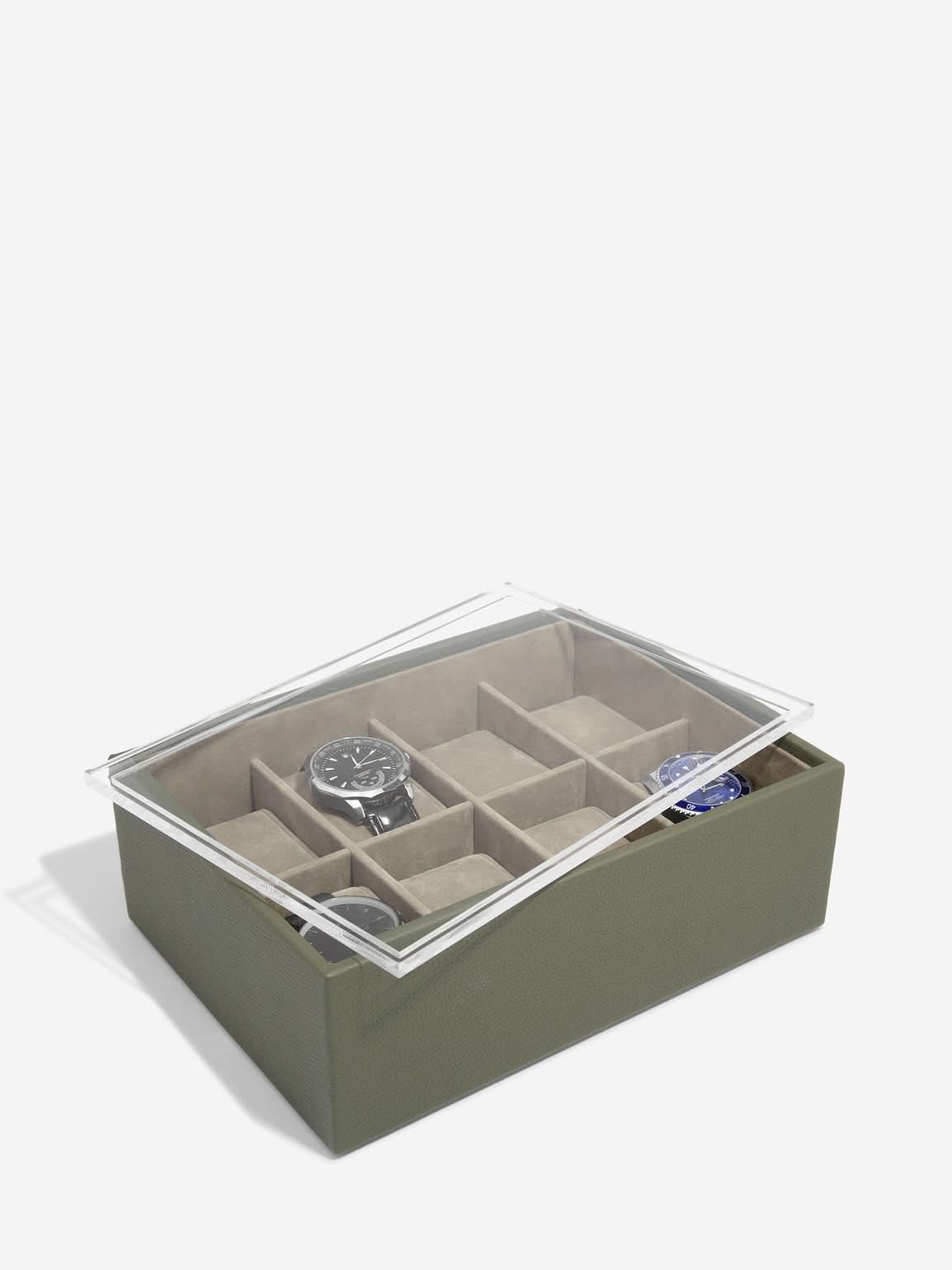 Stackers Achtdelige Horlogebox met doorzichtig deksel Olijfgroen - Mystackers