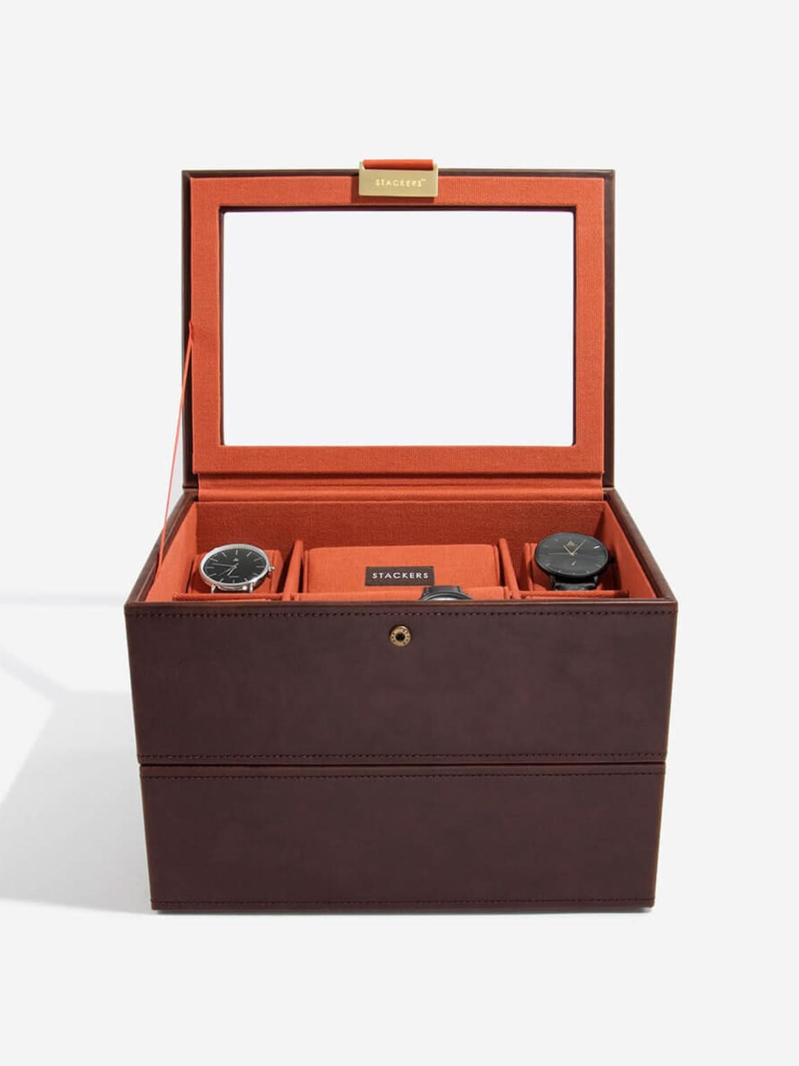 Stackers Achtdelige Horlogebox Bruin & Oranje Deksel + Horlogelaag - Mystackers