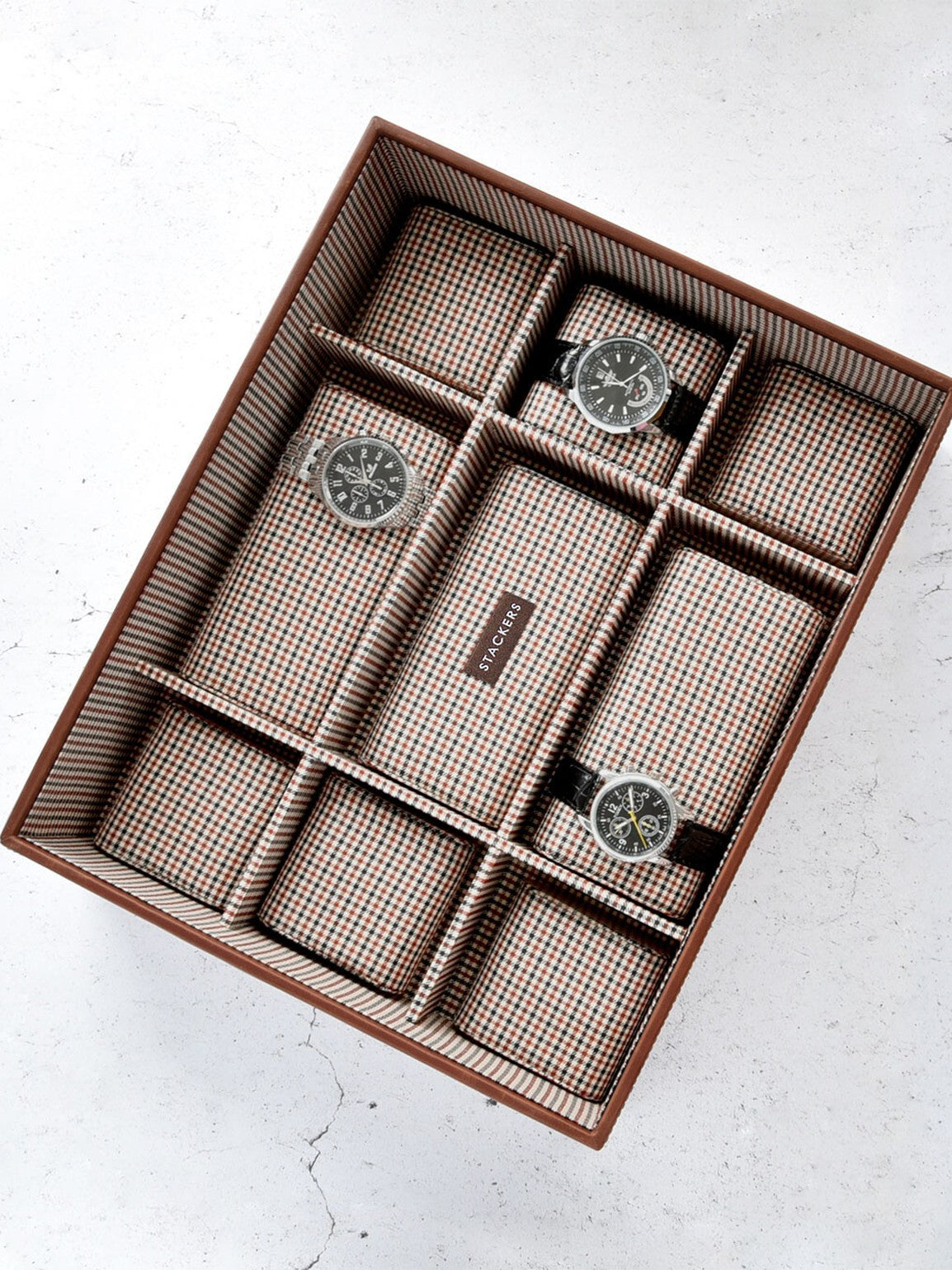 Stackers Fifteen Piece Watch Box Brown Checked