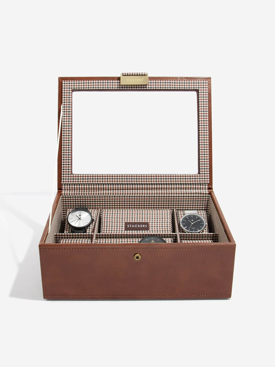 Couvercle Stackers pour boîte à montres 8 pièces marron à carreaux